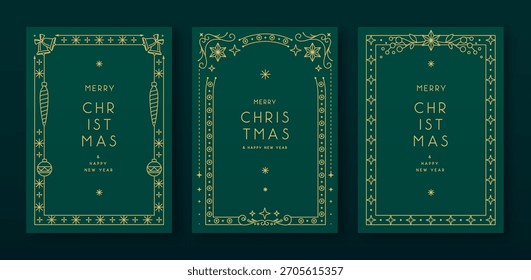 Conjunto de marcos modernos de Navidad o tarjetas de felicitación de vacaciones sobre fondo verde esmeralda. Ilustración vectorial de arte de línea