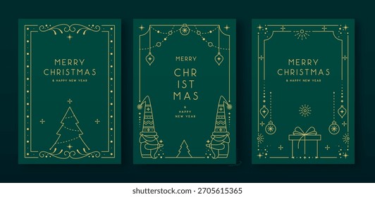 Set aus modernen Weihnachtsrahmen oder Feiertagsgrußkarten auf smaragdgrünem Hintergrund. Vektorgrafik der Linienkunst