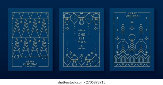Conjunto de marcos modernos de Navidad o tarjetas de felicitación de vacaciones sobre fondo azul. Ilustración vectorial de arte de línea