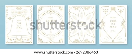 Set of modern Christmas frames or holiday greeting cards on white background. Line art vector illustration