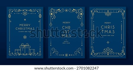 Set of modern Christmas frames or holiday greeting cards on blue background. Line art vector illustration