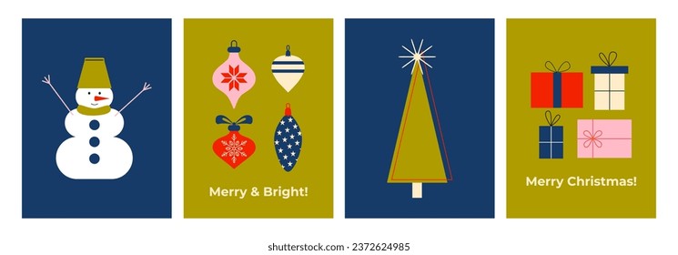 Set of modern Christmas greeting cards in minimalistic style. Scandinavian winter. Retro vintage vibes. Snowman, Christmas tree, festive decorations and baubles, gifts.