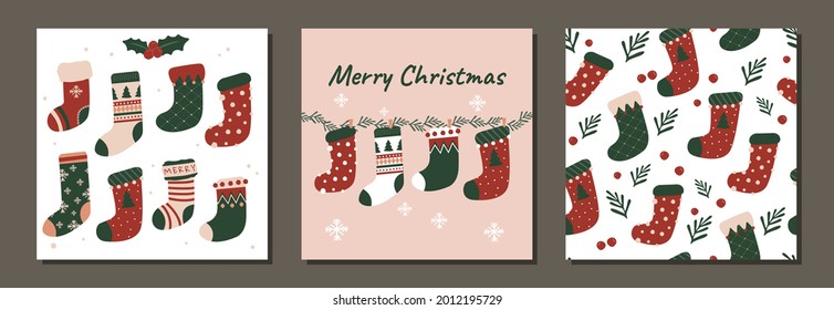 Conjunto de navidad moderna vectorial de navidad sin fisuras y diseño de calcetines de ilustración para telas, lino, decoración e interiores