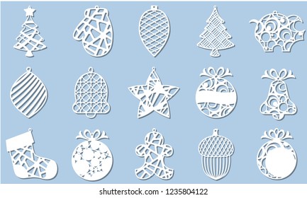 Set of Modern Christmas Tree. New Year's Toy for laser cutting. Vector illustration.