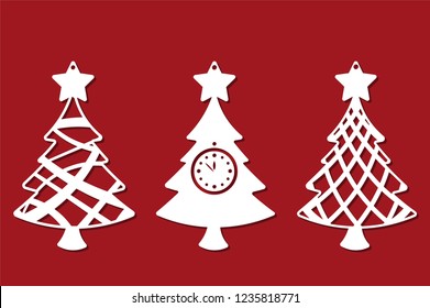 Set of Modern Christmas Tree. New Year's Toy for laser cutting. Vector illustration.