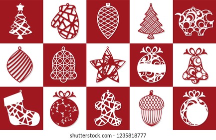 Set of Modern Christmas Tree. New Year's Toy for laser cutting. Vector illustration.