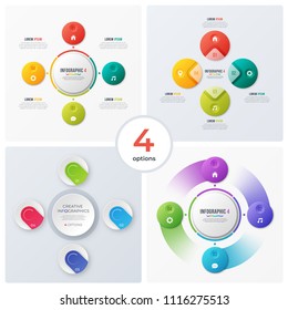 Set of modern circle charts, infographic designs, visualization templates with four options. Vector illustration.