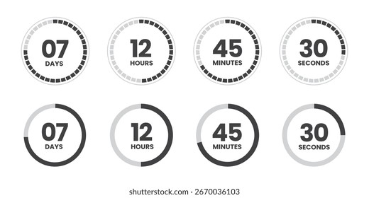Set of modern circle countdown timers designed as a time remaining vector illustration template.