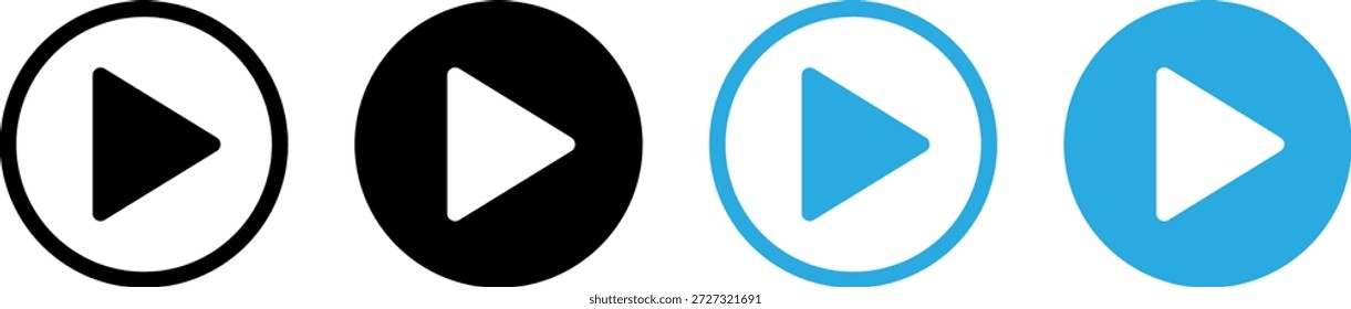 Set of Modern Circular Play Button Icons in Solid, Outline, and Bright Blue Multimedia Styles