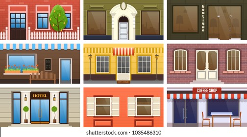 Set modern city building facade: residential building, boutique, street cafe, coffee shop, hotel, museum, restaurant, office center, shop. Services for people. Urban landscape. Vector illustration