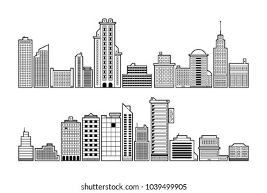 Set of modern city buildings. Black and white contour style.