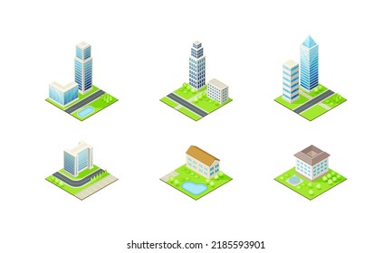 Set of modern city buildings. Private houses, skyscrapers, real estate, public buildings, hotels isometric vector illustration