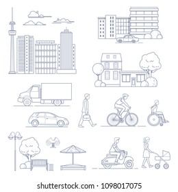 Set of modern city elements in line art style. Urban transport, houses, people, skyscrapers etc. Vector illustration