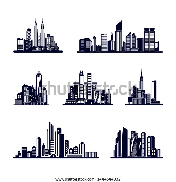 Set Modern City Skyline City Silhouette Stock Vector Royalty Free