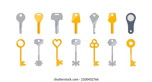 Set of Modern and Classic Door Keys Isolated on White Background, Silver, Golden, Magnetic Keys. Magic Fairytale, Secret, Home Rental, Property, Real Estate Concept. Cartoon Vector Illustration, Icons