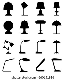 Set of modern and classic table lamp silhouettes. Flat style table lamps. Vector illustration.