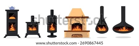 
Set of modern and classic wood stoves and fireplaces with burning fire. Good for home heating energy comfort winter or interior design. Collection of wood burning stoves in flat rector style