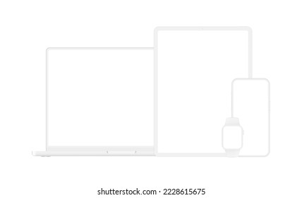 Set of Modern Clay Devices With Blank Screens. Laptop, Tablet, Phone, Smart Watch. Vector Illustration