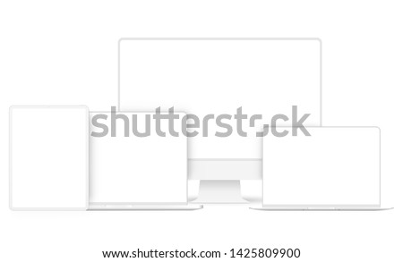 Set of modern clay devices mockups: PC, laptops, tablet computer. Vector illustration