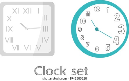 A set of modern clocks on the wall. The clock is square with Roman numerals and Arabic numerals. Flat vector illustration