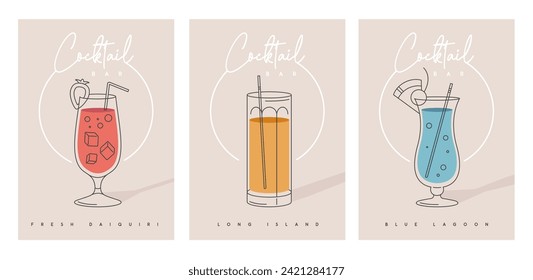 Set of modern cocktail party posters with cocktails in different types of glasses. Cocktail menu design. Vector illustration