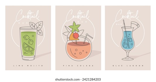 Set of modern cocktail party posters with cocktails in different types of glasses. Cocktail menu design. Vector illustration