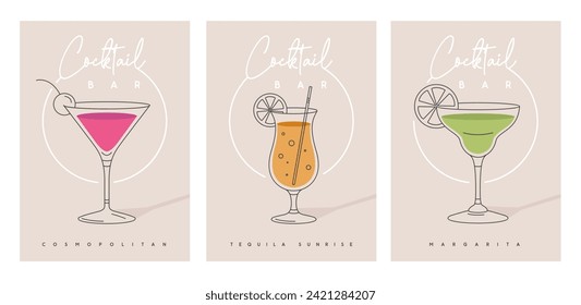 Set of modern cocktail party posters with cocktails in different types of glasses. Cocktail menu design. Vector illustration