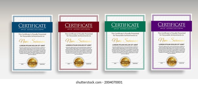Set modern color certificate template design. Certificate of Achievement with a gold badge. Vector Templates