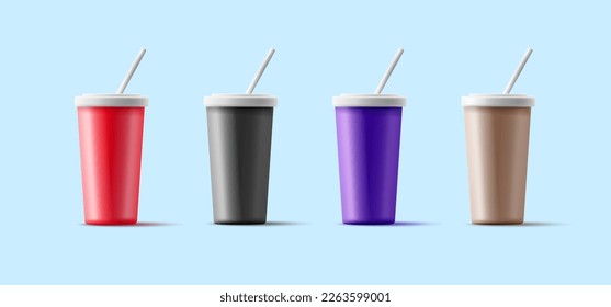 Set of modern colored 3D cup, for drinks. Closed cup with a tube. For the advertising concept of a cafe, fast food. Refreshing drinks.