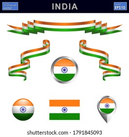 Set of modern colored vector ribbon, banner and other useful elements with Indian Flag.