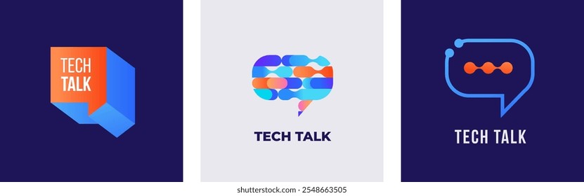 Set of modern colorful, abstract logos, symbols. Tech talk, speech bubbles logos, bio tech logos, icons and concept identity idea. Vector design and illustration