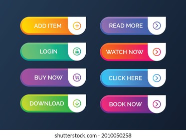 Set of modern colorful buttons in dark background for website and ui design. Collection of gradient material style buttons vector icon