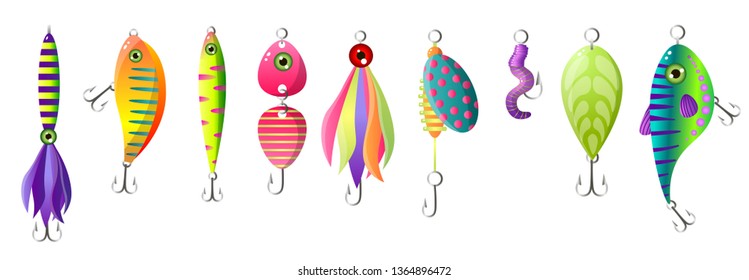 Set of modern colorful fishing bait, different form