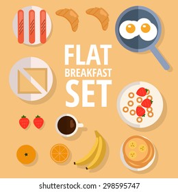 Set of modern colorful flat breakfast illustrations: coffee, croissant, pancake, strawberry, cookie, syrup, milk, plate, orange, corn rings, banana, egg . Vector abstract illustration.