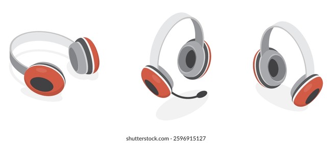 Set of modern colorful headphones isolated on white background. 3d isometric flat vector illustrations.