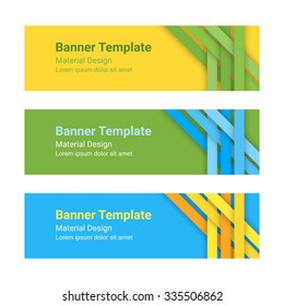Set of modern colorful horizontal vector banners in a material design style. Can be used as a business template or in a web design. Vector illustration