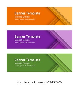 Set of modern colorful horizontal vector banners in a material design style. Can be used as a business template or in a web design. Vector illustration.