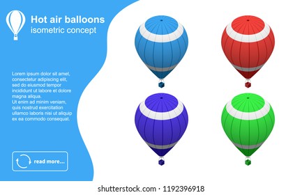 Set of modern colorful hot air balloons isometric vector illustration.