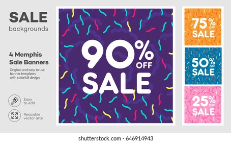 Set of modern colorful poster, banner, flyer template in the Memphis style. Big Sale. Special offer discount. Vector Illustration