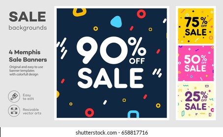 Set of modern colorful poster, banner, flyer template in the Memphis style. Big Sale. Special offer discount. Vector Illustration