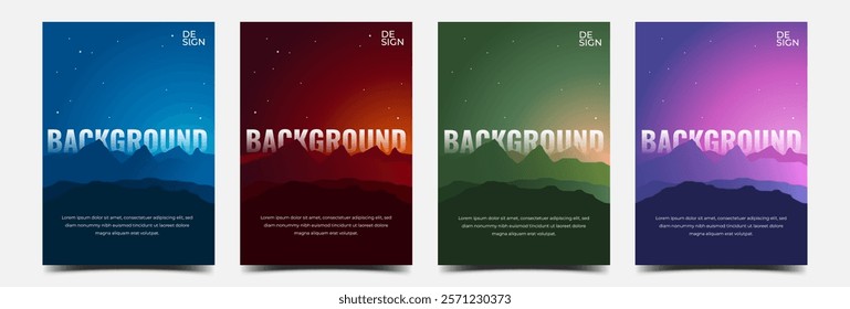 Set of modern colorful posters featuring mountainous landscapes under starry skies. Usable for poster, social media post, card, cover.