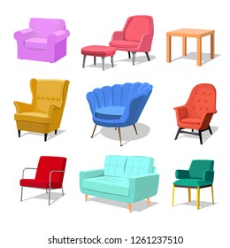 Set of modern colorful soft armchair and sofa with upholstery. Armchairs for room design games. Cushioned furniture, room decoration, interior design isolated on white. Vector illustration flat style.