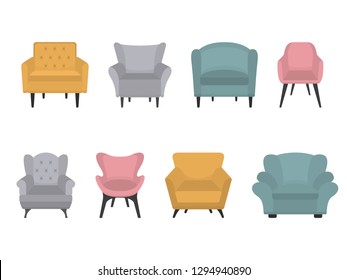 Set of modern colorful soft armchair. Collection of chair in flat cartoon style. Interior design isolated on white. Vector illustration.