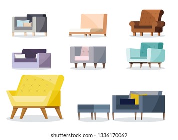 Set of modern colorful soft armchair with upholstery. Armchairs for room design games. Cushioned furniture, room decoration, interior design isolated on white background Flat style vector illustration