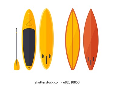 Set of modern colorful surfboards. Equipment for surfing. Summer active rest on water. Vector illustration on white background.