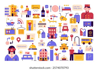A set of modern colorful vector elements. Hotel business. Hotel booking online. Staff, spa, restaurant, transfer, room service, luggage, suite rooms, hostel, registration, payments, keys.