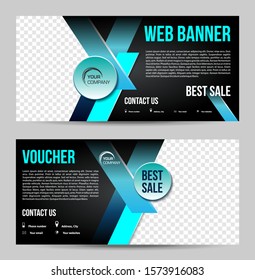 Set of modern colorful web banner, voucher with blue rectangle on black background.