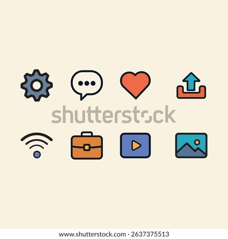 A set of modern and colorful web icons, perfect for social media, digital interfaces, applications, and general web design. Includes icons for settings, chat, heart, upload, Wi-Fi, briefcase, play