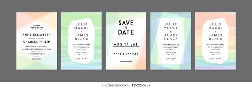 Set of Modern Colorful Wedding Invitations template. Overlay of rainbow colors background. Watercolor effect. Vector illustration