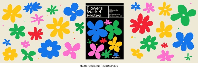 Set of modern colors and flyers with them. Contemporary poster designs with a spring and festival theme. Paper-cut daisies. Vector minimalist collage.